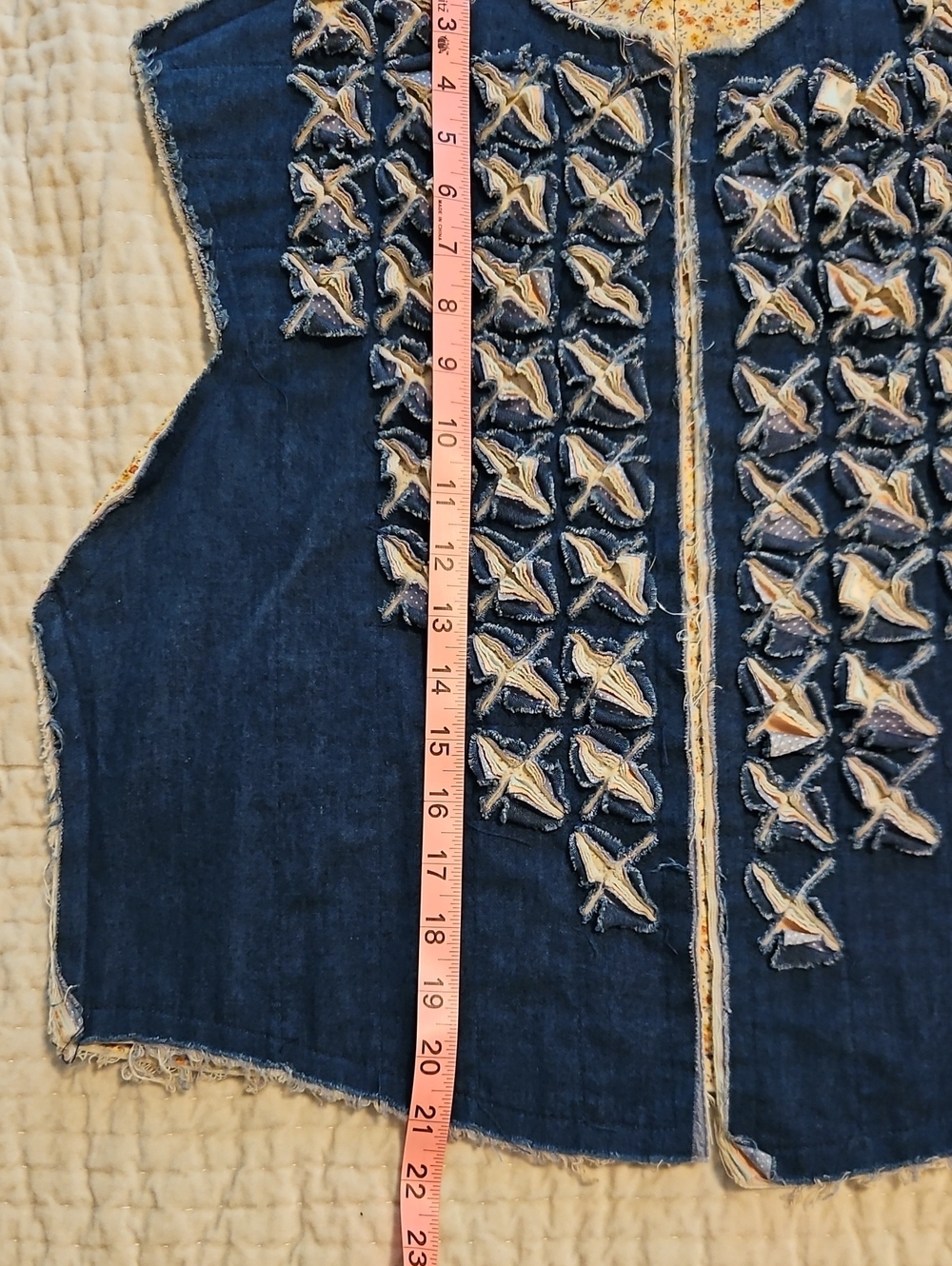 Handmade Denim Quilted Vest M/L Raw Edge Layered Patchwork Wearable Art - Picture 7 of 8
